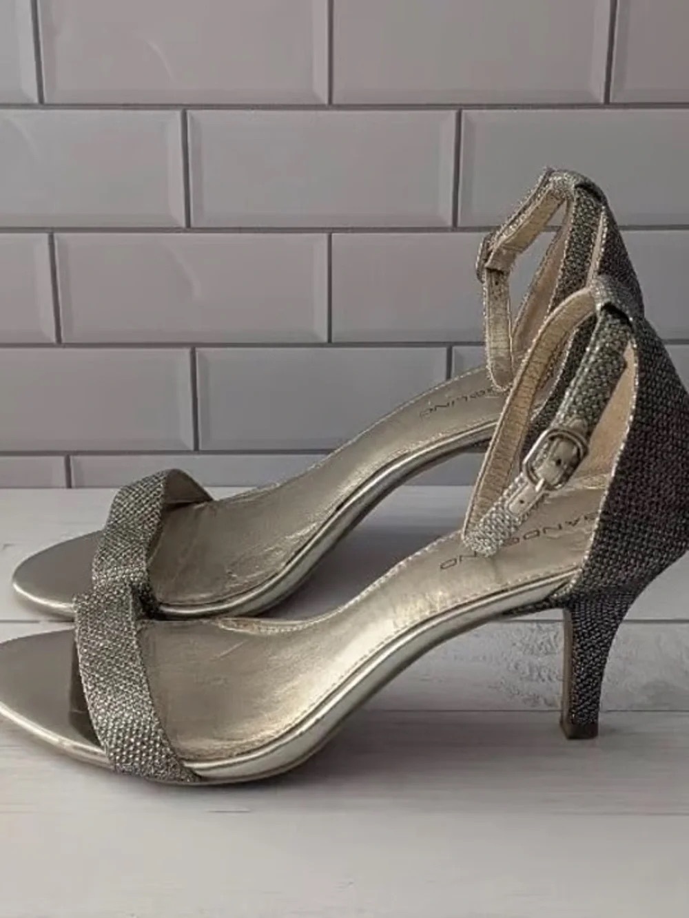 Time and Tru Silver Glitter Ankle-Strap Mid Heel Sandals